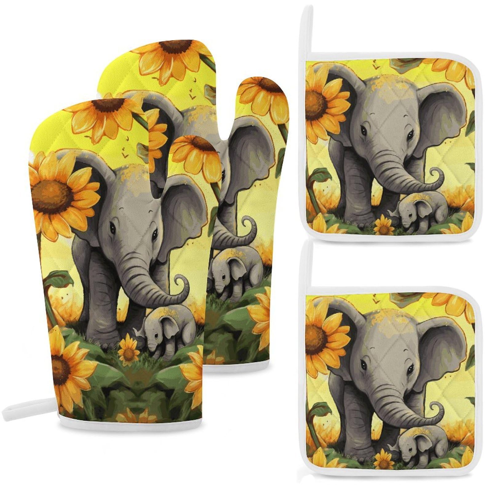 Mother and Baby Elephant Sunflowers Oven Mitts and Pot Holders Sets Heat Resistant Oven Glove with Hanging Loop for Baking Cooking BBQ Thicken Potholders for Kitchen