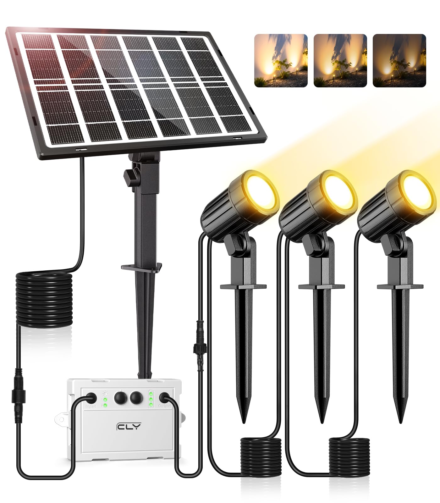 CLY Faretti Solari a LED da Esterno, Bianco Caldo Faretto Solare da Giardino 2 Modalità Dinamiche Luci Solari da Giardino 3 Luminosità 5000mAh Memoria Luce Solare LED Esterno Impermeabili IP66 3 in 1