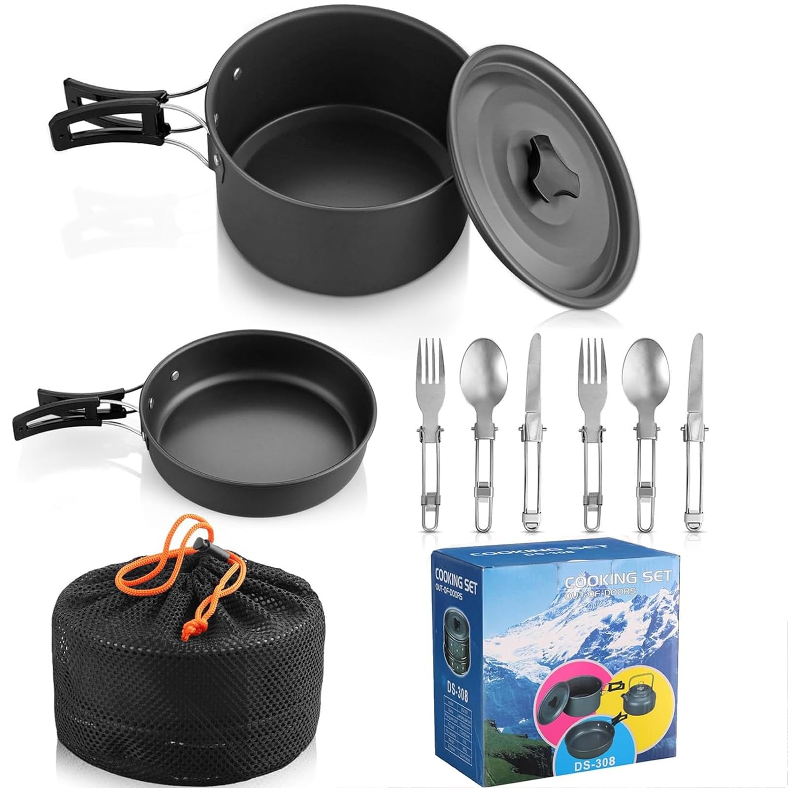 Utensilios de Cocina para Camping HOMGEN Juego de Ollas y Sartenes para Acampar Juego de Cocina de Aluminio para 1-2 Kit Camping con Cubiertos para Estufa de Gas para Camping, Picnic, Senderismo, etc.