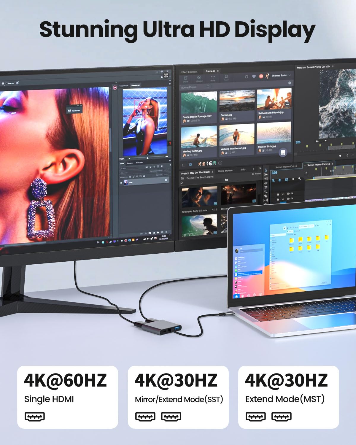 Adaptador USB C a doble HDTV, divisor  4K a 60Hz HDTV para monitores duales, macOS solo permite el modo espejo, Windows permite la visualización de varios monitores 3 pantallas separadas para PD de 100 W, puerto USB-A 4
