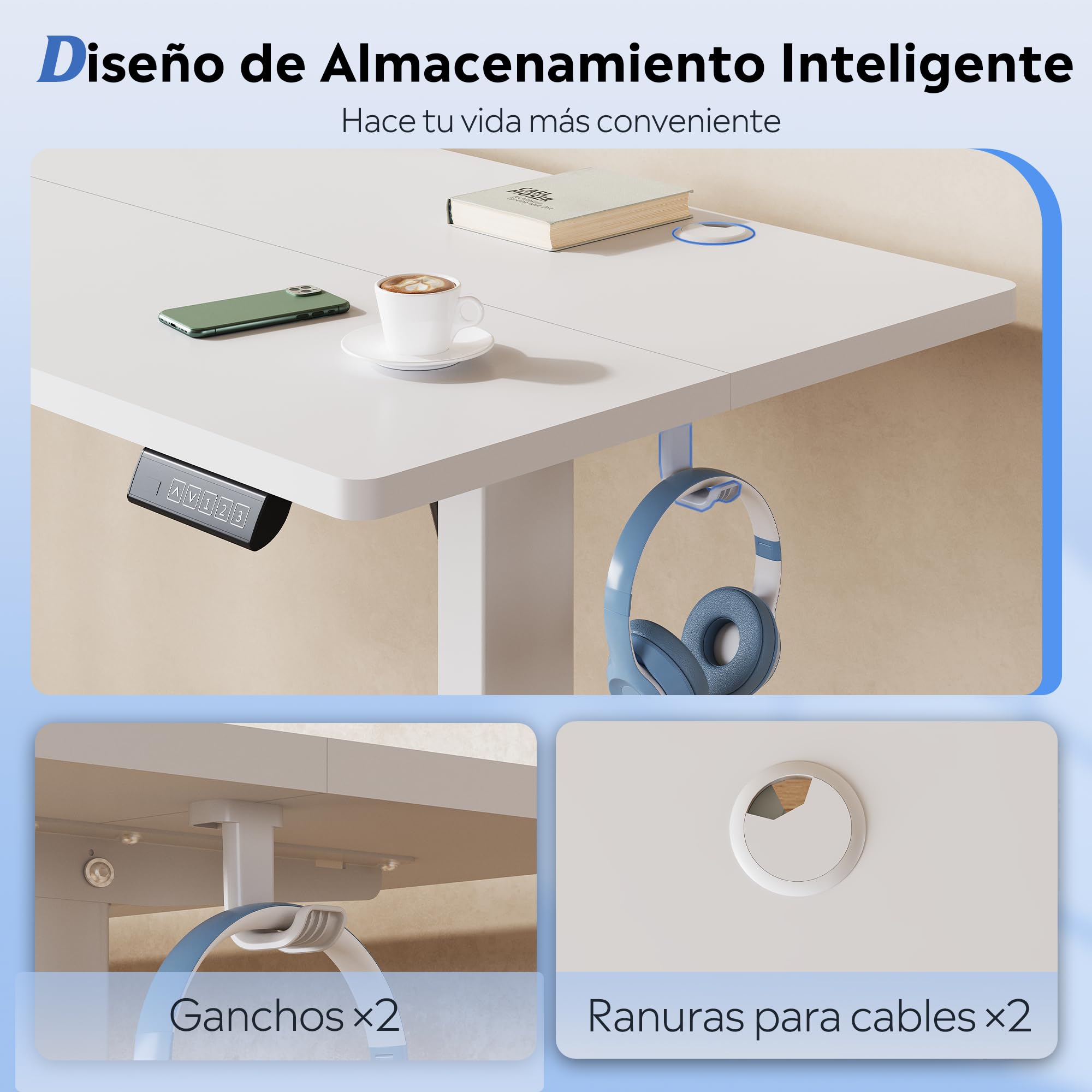 DEVAISE Escritorio Elevable Eléctrico,Mesa Regulable Rltura 120 x 60cm con 3 Memorias,Mesa de Oficina con Panel Inteligente en Casa con Tablero Ensamblado, Blanco
