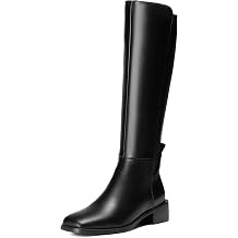 vivianly Womens Knee-High Boots, Faux Leather Elastic Boots Low Heel Square Toe, Side Zipper Tall Boots