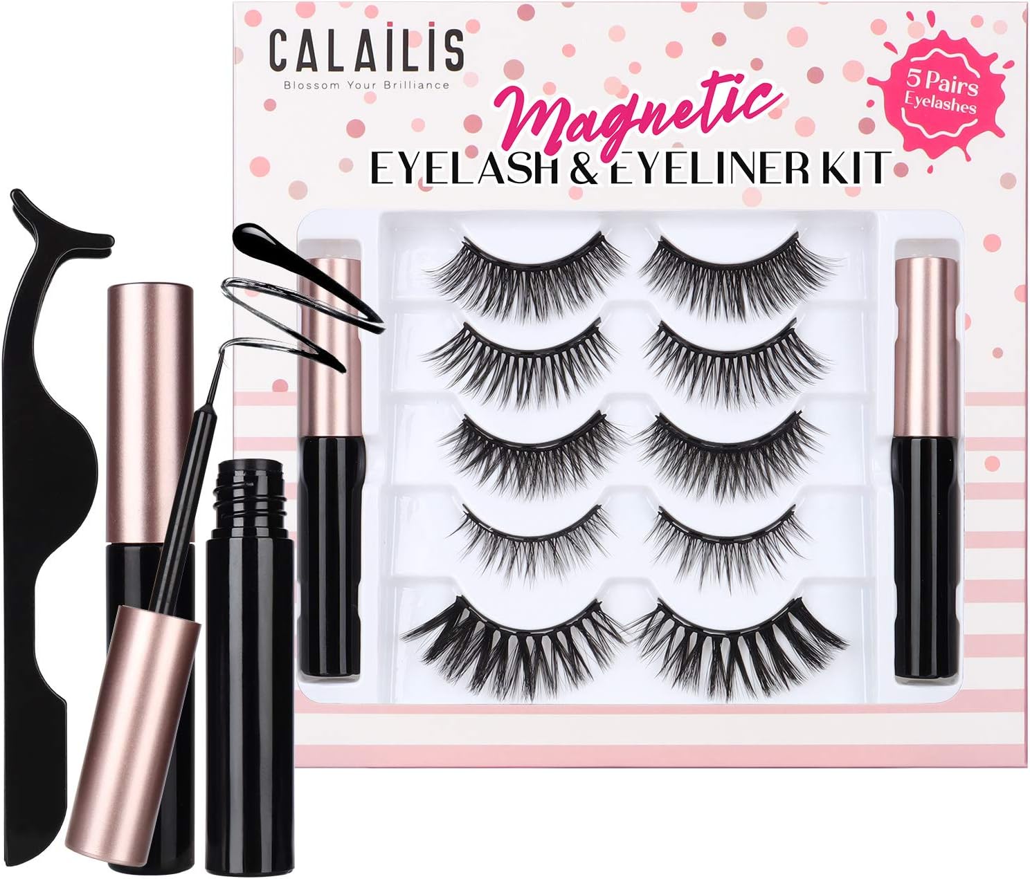 CALAILIS Magnetic False Eyelash and Eyeliner Kit, Waterproof Liquid Liner, 3D Faux Mink Lashes Natural Reusable 5 Pairs, Free Applicator (CY501)