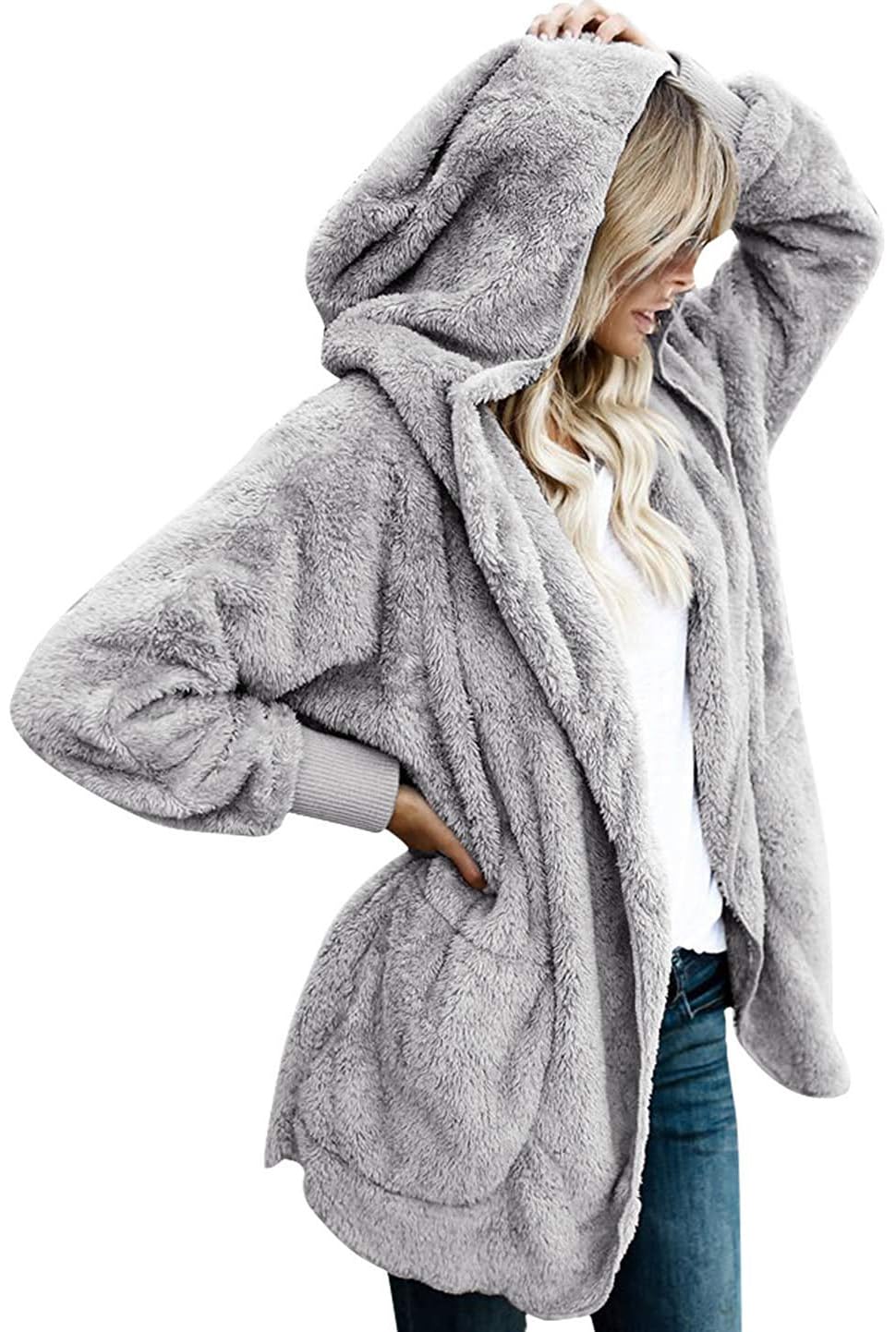 florynovawomen's Hooded Cardigans Fuzzy Fleece Jacket Open Front Sherpa Coat Long Sleeve Thick Tops Outwear Blanket with Pockets