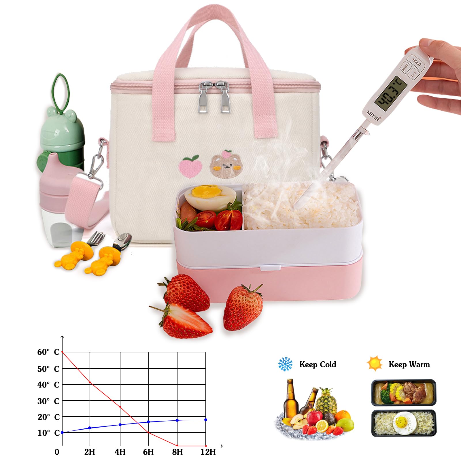 PORRASSO Lunch Bag Insulated Cooler Bag Crossbody Lunch Box Bag Storage Bag Waterproof Leak-Proof Cool Thermal Lunch Tote for Work Camping Outdoor BBQ Party Pink - Image 4