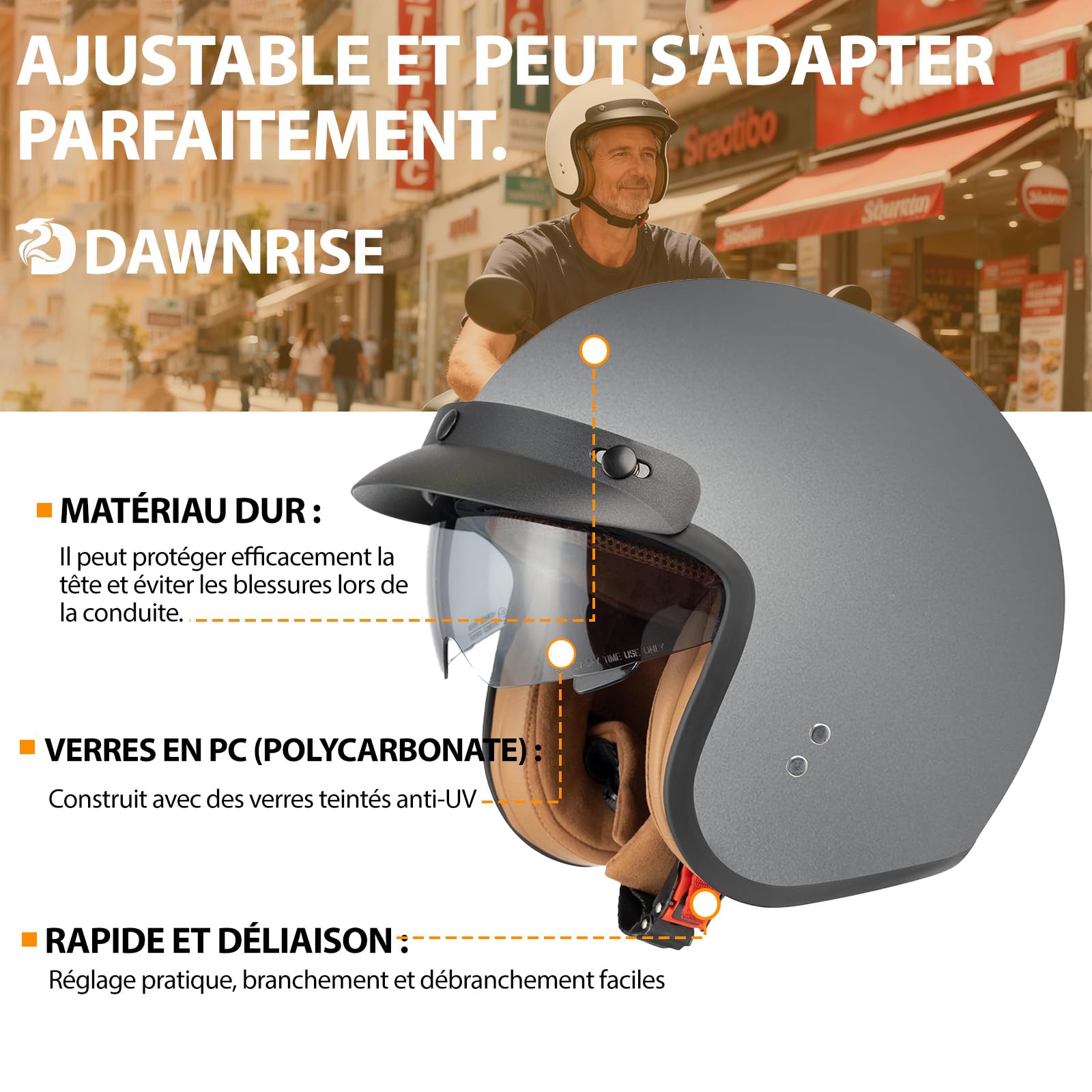 Casque Moto Jet ECE Homologué, Casque Femme Scooter Ouvert Adulte Vintage Visière, Casque Jet Ouvert Scooter (Matt Gray, S)