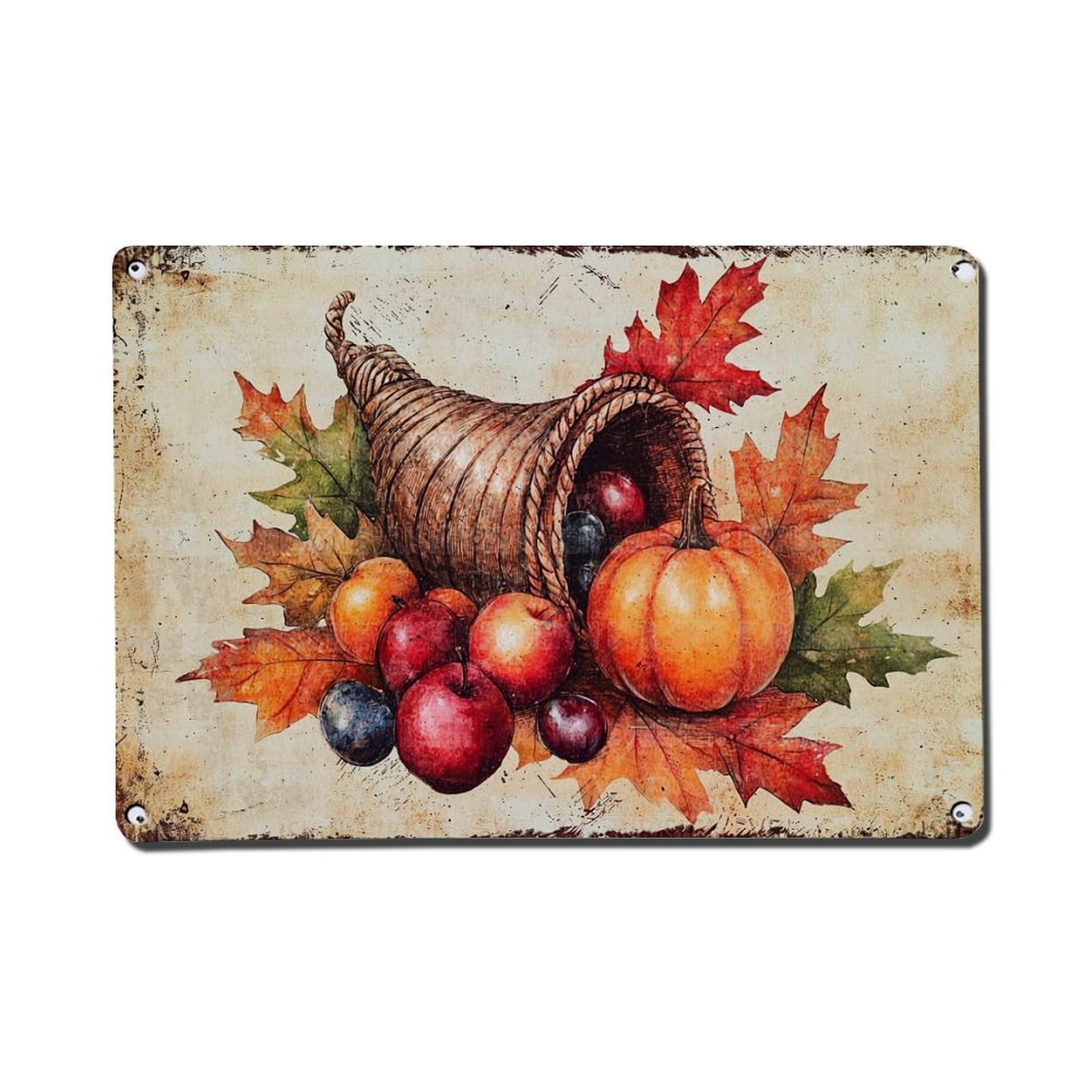 Cornucopia Autumn Harvest Fruits Leaves Vintage Tin Sign Retro Metal Wall Decor Metal Poster, Home Bar Garage Farmhouse Cafe Wall Art Decoration 8x12Inches