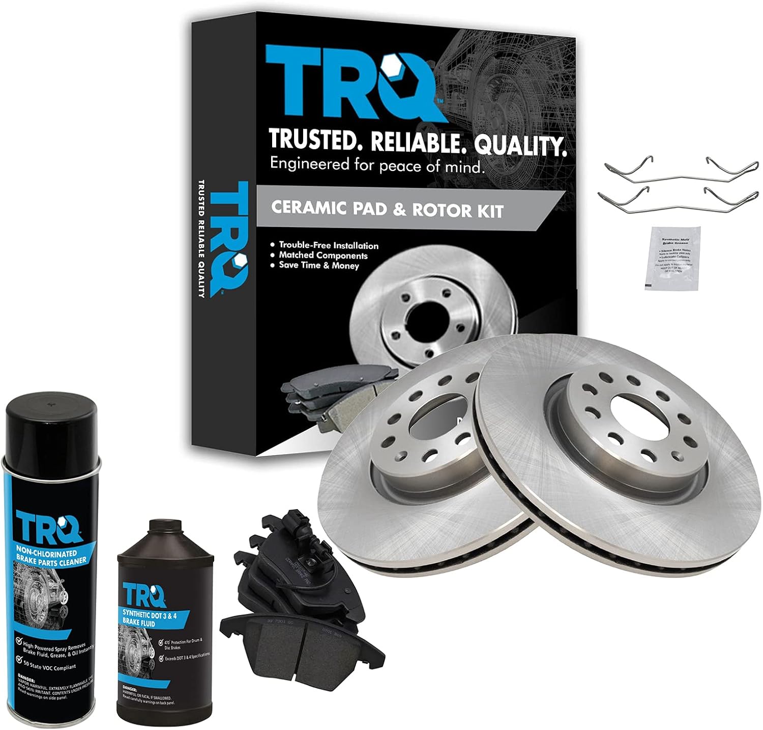 TRQ Front Brake Pad & Rotor Kit Ceramic Compatible with 06-13 A3 A3 Quattro 12-17 Beetle 09-17 CC 07-16 Eos 14 Golf 06-14 GTI 05-18 Jetta 06-10 Passat 08-09 TT 09-15 TT Quattro