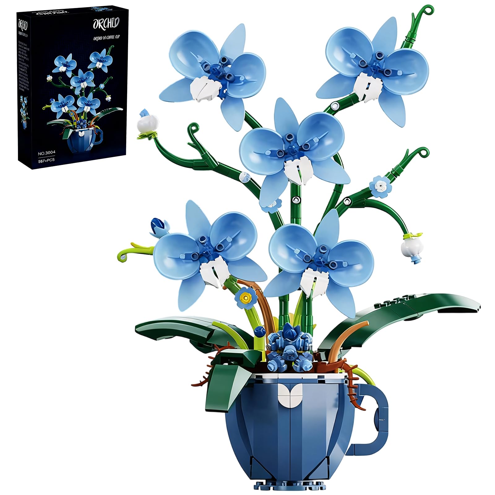 LQPFBSM Blue Orchid Flowers Building Block Set Coffee Cup Flower Plant Building Kit Botanical Model Toys Home Decoration Gift for Adults Teens 567 PCS — image 1