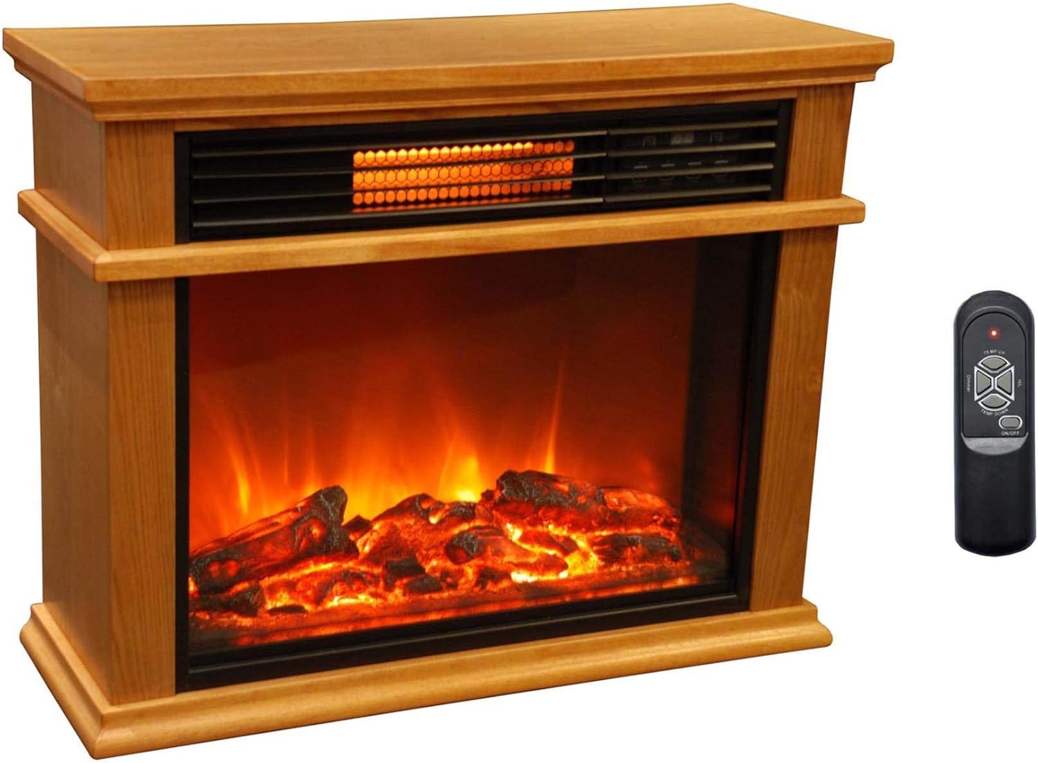 LifePro 3 Element Portable Electric Infrared Fireplace Heater with its remote control placed next to it.