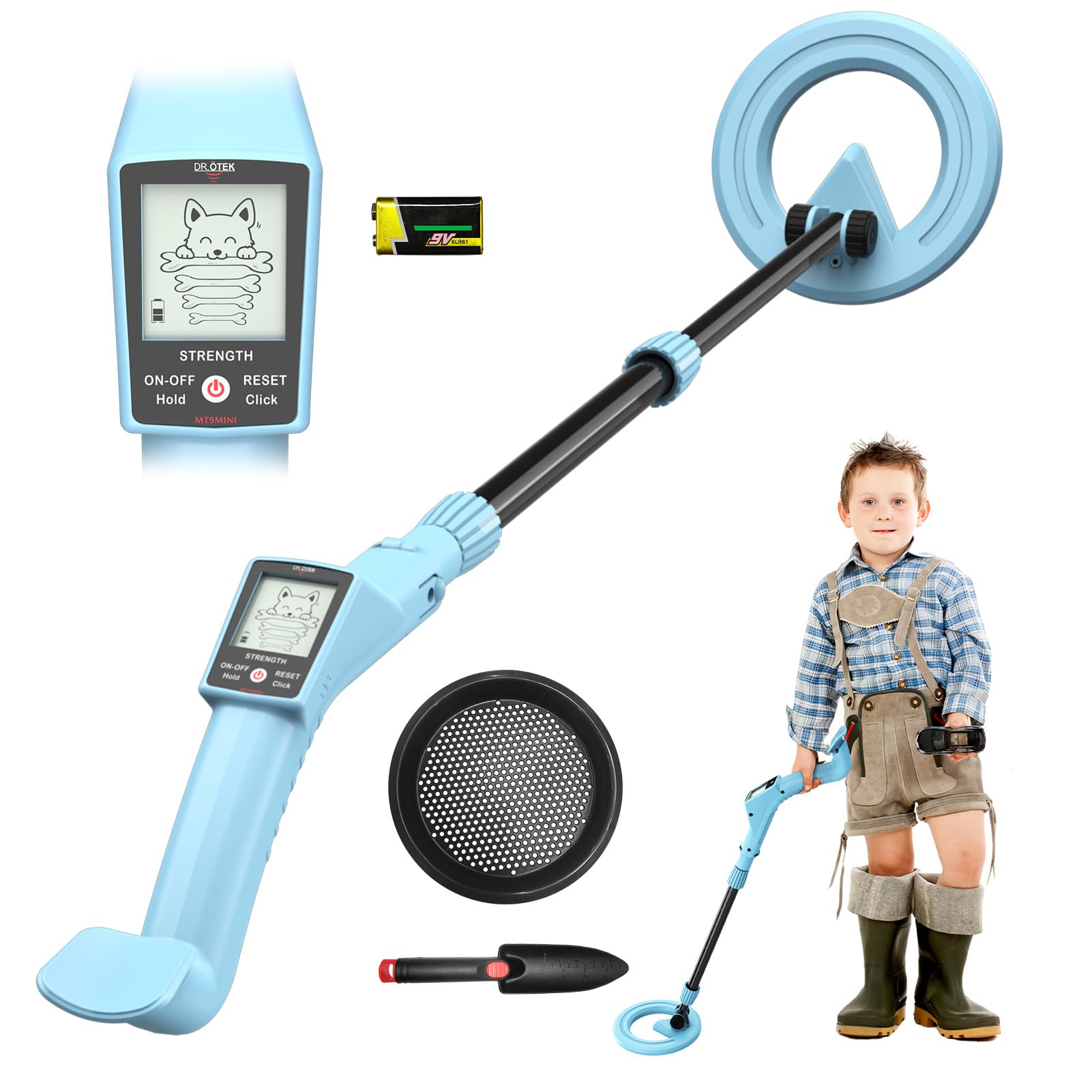 DR.ÖTEK Metal detector per bambini, rilevatore di metallo impermeabile per bambini con display LCD, stelo regolabile, pala e setaccio e grande borsa per il trasporto, Blu
