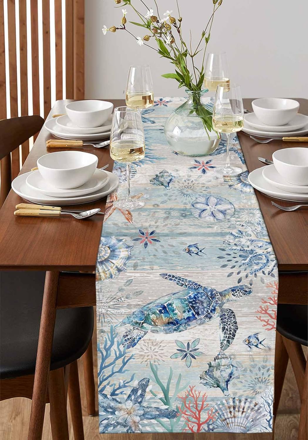 Coastal Sea Turtle Table Runner 90 Inches Long Farmhouse Dress Scarves, Nautical Summer Beach Starfish Coral Vintage Dining Tablerunner for Coffee Table/Kitchen Island/Party Décor, 13" x 90"