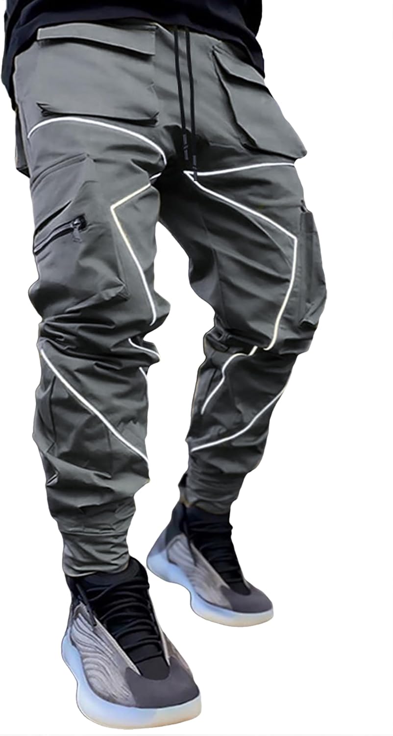 BOOMLEMON Men's Cargo Jogger Pants Reflective Technical Hip Hop Harem Pants Punk Streetwear Tactical Track Pants