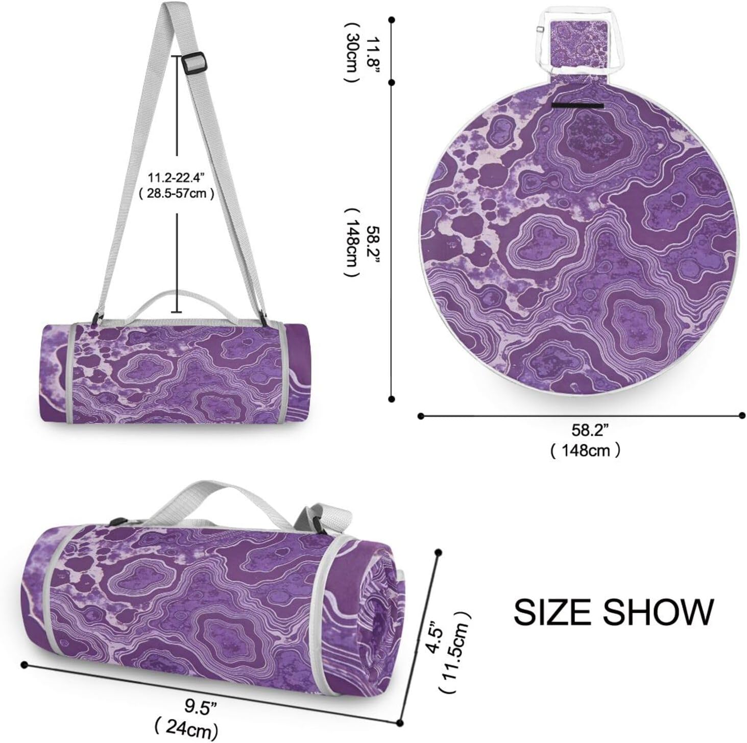 Round Outdoor Blanket for Grass - Fits 2 Adults, Summer Accessories Cute Picnic Blankets Large Dual Layer, Sand-Free, Soft Throw Rug 58 in (Purple Paint Waves)