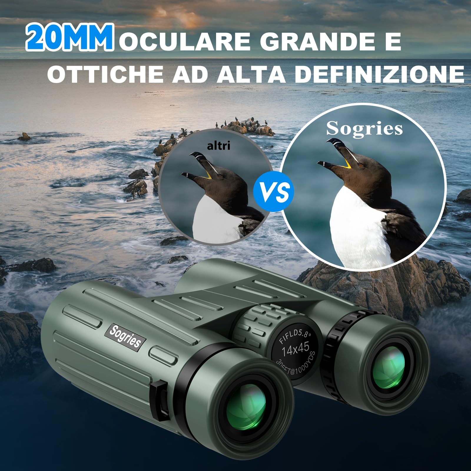 Binocolo 14 x 45 per adulti ad alta potenza, binocolo HD per bird watching, caccia, con adattatore per telefono in lega di alluminio, treppiede, impermeabile e a prova di nebbia, ampia visuale per