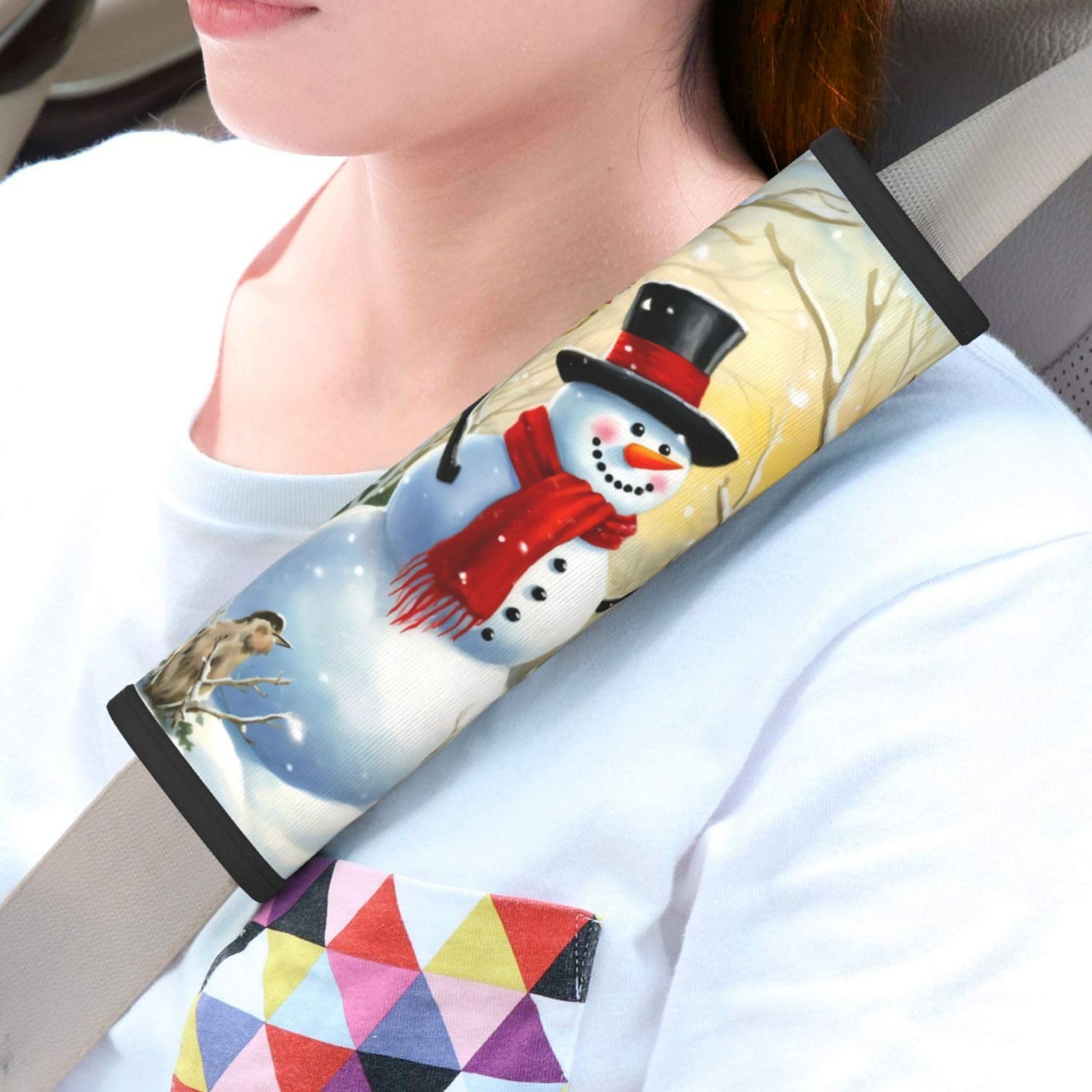 Zelamiee Birds Snowman Winter Seat Belt Cover Fits Cars Trucks SUV Sedans Sweat Absorption Car Seatbelt Strap Cover, Christmas Snowflake Auto Interior Accessories Protector