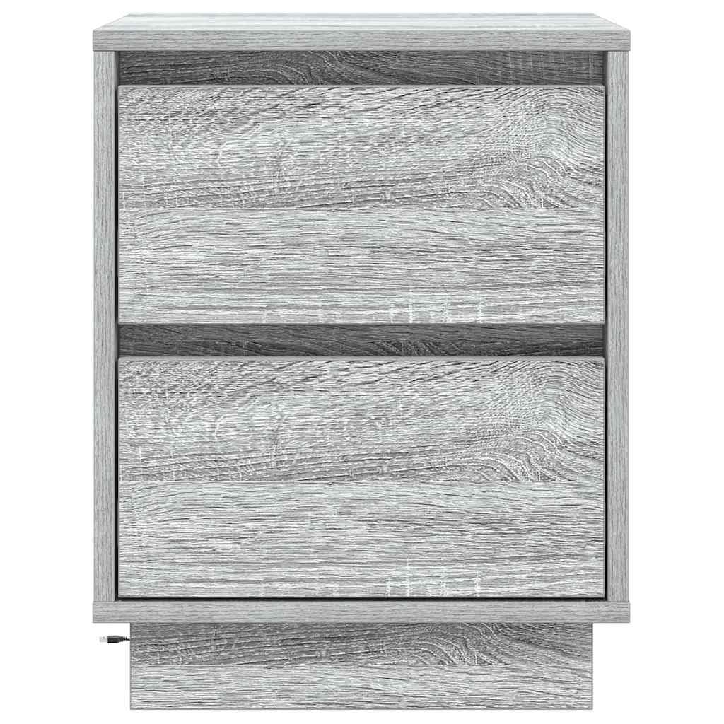 Grau Nachttisch aus Holzwerkstoff mit 2 Schubladen, USB Anschluss und LED Licht, 39 x 34,5 x 50 cm, für Schlafzimmer, Wohnzimmer, Flur, modern und platzsparend