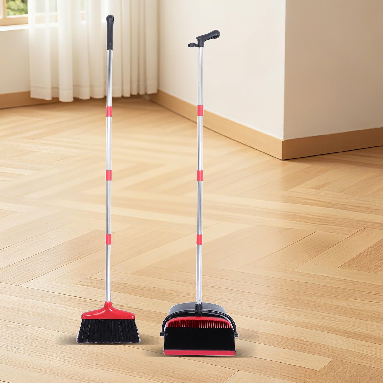 ibasenice Juego de Escoba y recogedor con Mango Largo de 137 cm (54"), Escoba y recogedor de pie para el hogar, la Cocina y la Oficina. El Cuenta con Dientes autolimpiables para Recoger el