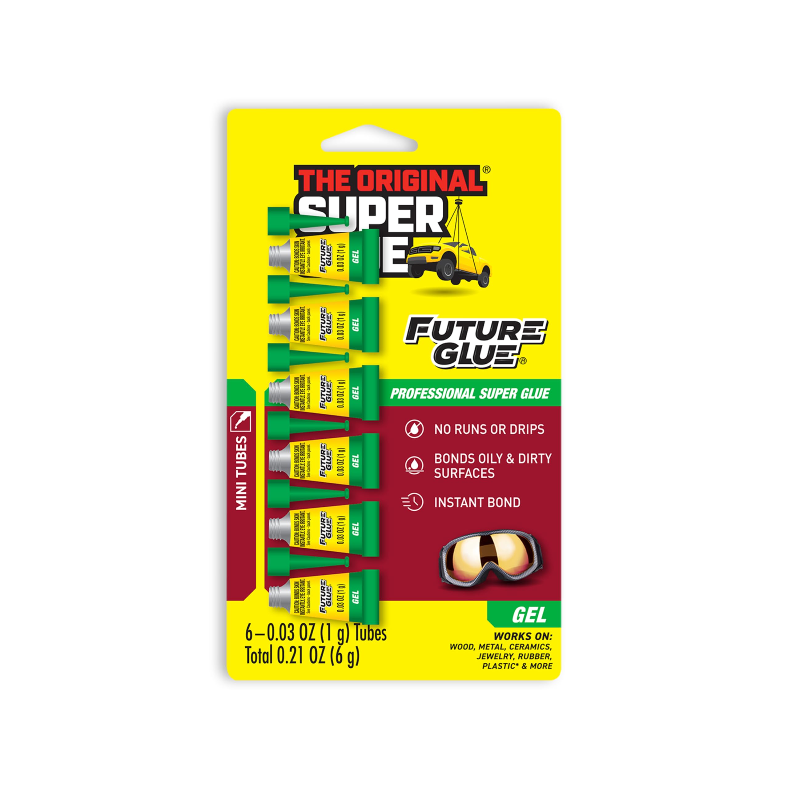Super Glue, Future Glue Gel, 6 Mini Single Use Tubes, Clear, Instant Bonding, Fast Dry, Professional Cyanoacrylate Adhesive, Precision Tip for Wood, Metal, Plastic, Crafts, Ceramic, and Toy Repairs