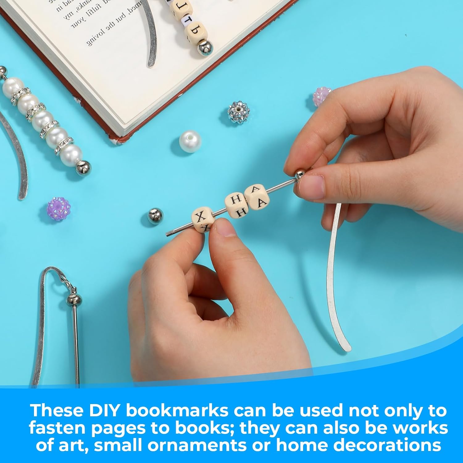 8 Pcs Beadable Bookmarks DIY Metal Blank Beaded Bar for Jewelry Making, Beadable Bookmark DIY Bookmarks Hooks Craft Pendant Blank Book Charms Gift for Book Lovers, Teachers, Office Supplies (Silver) - Image 2