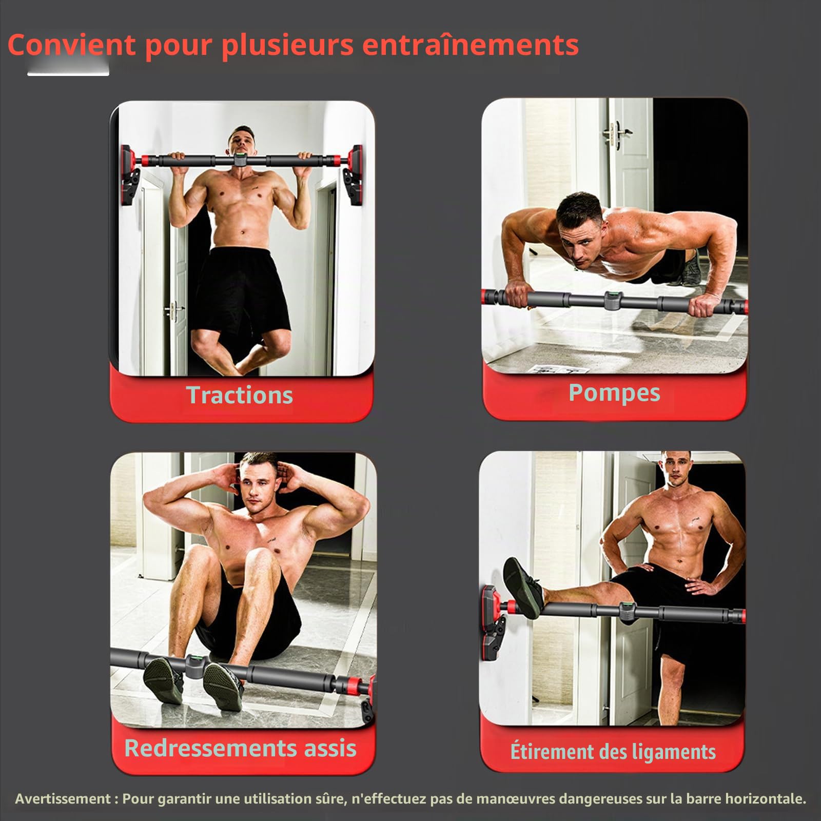 Kapler Barre de traction pour cadre de porte sans vis réglable : 70-130 cm avec verrouillage à 360° et charge maximale de 200 kg – Barre de porte professionnelle pour fitness à la maison