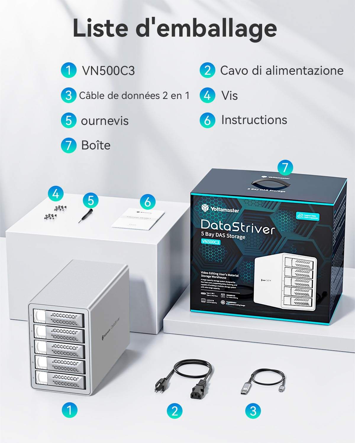 Yottamaster 5 Baies Disque Dur Boîtier, DAS 5 Bay 10Gbps Daisy-Chain, Boîtier DAS USB C en Aluminium Supportant 120 to (5x24 to), Max Jusqu'à 360 to pour 2.5"/3.5" SATA HDD/SSD (sans Disque)