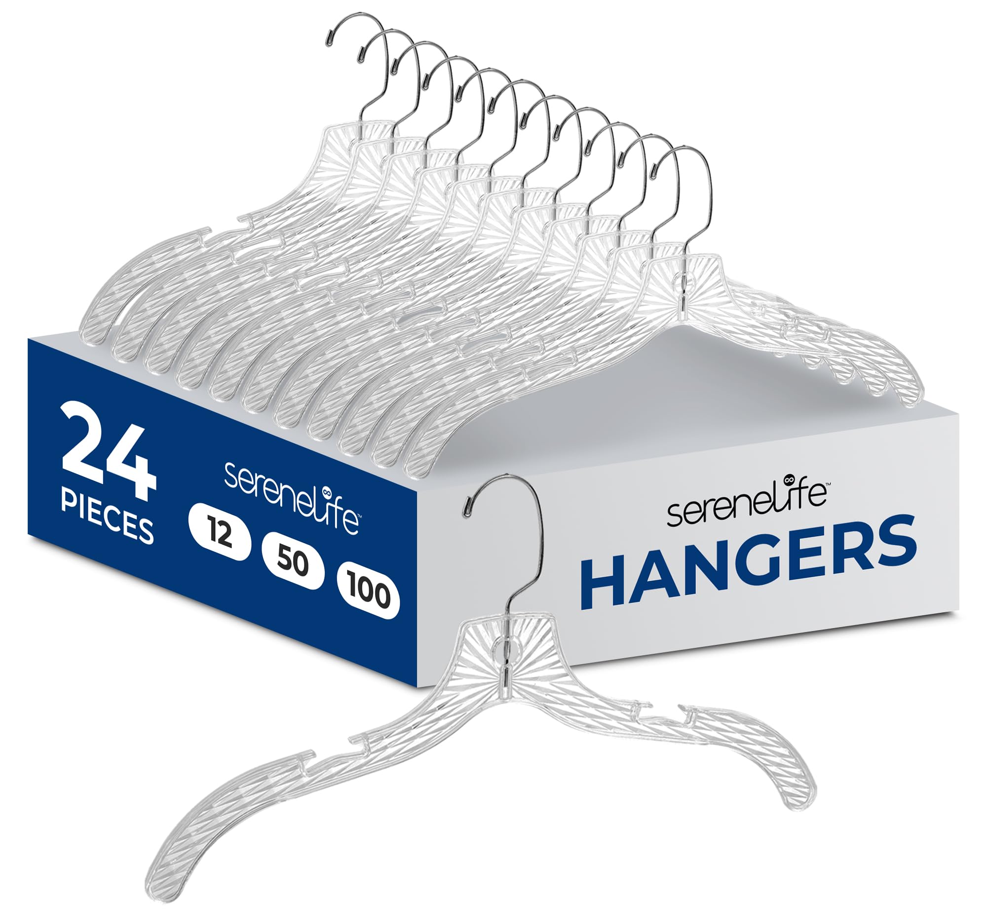SereneLife 24-Pack Transparent Plastic Hangers – Lightweight, Non-Slip Coat Hangers with Notched Shoulders and Swivel Hook for Clothes, Shirts, Suits, Dresses, Jackets, Ultra-Thin Space Saving Design