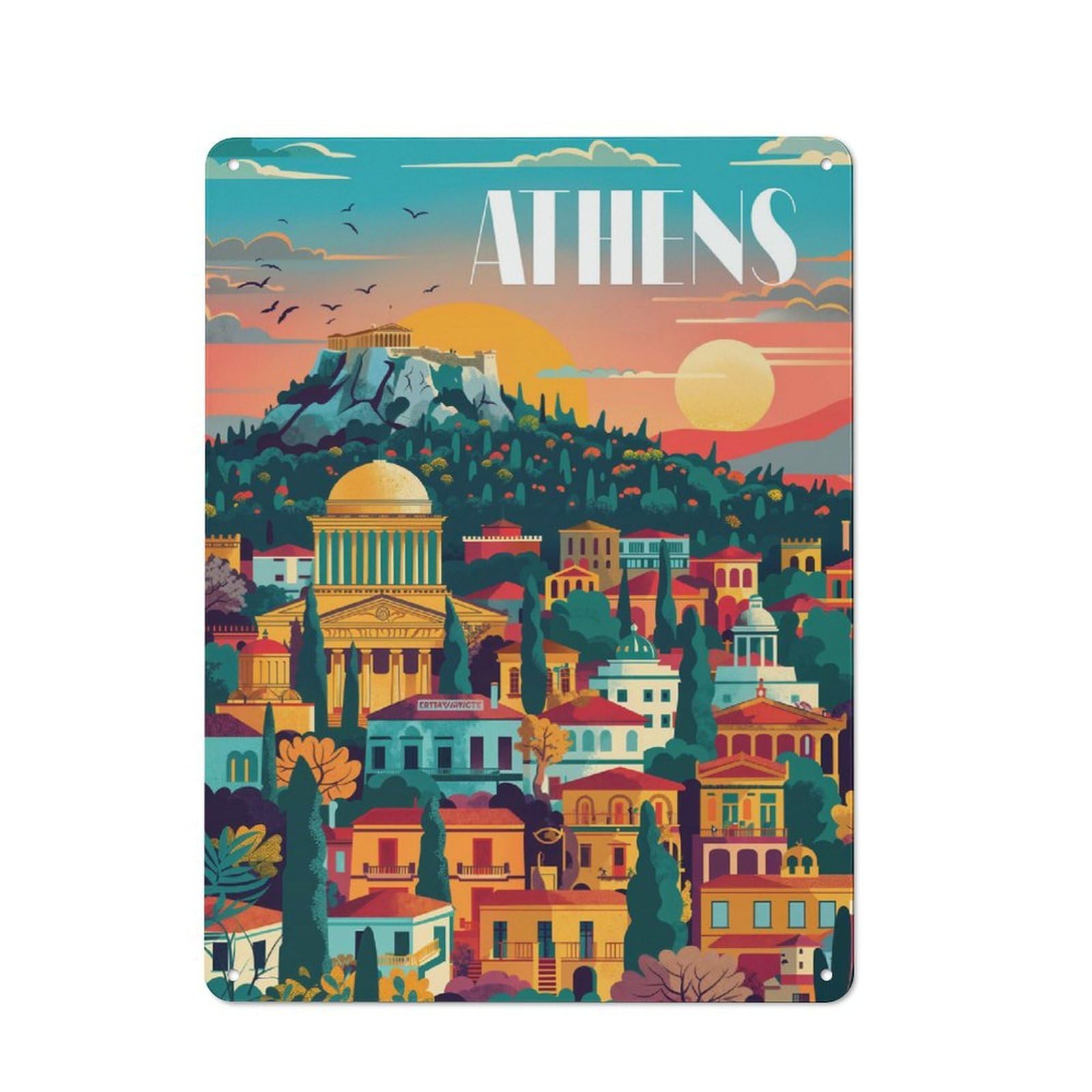 Junmoney Style-22 Workshop Style Athens Sunset Decorative Metal Plaque 40X30cm, Shed Wall Plaque For Tool Room, Garage, Studio Or Home Bar