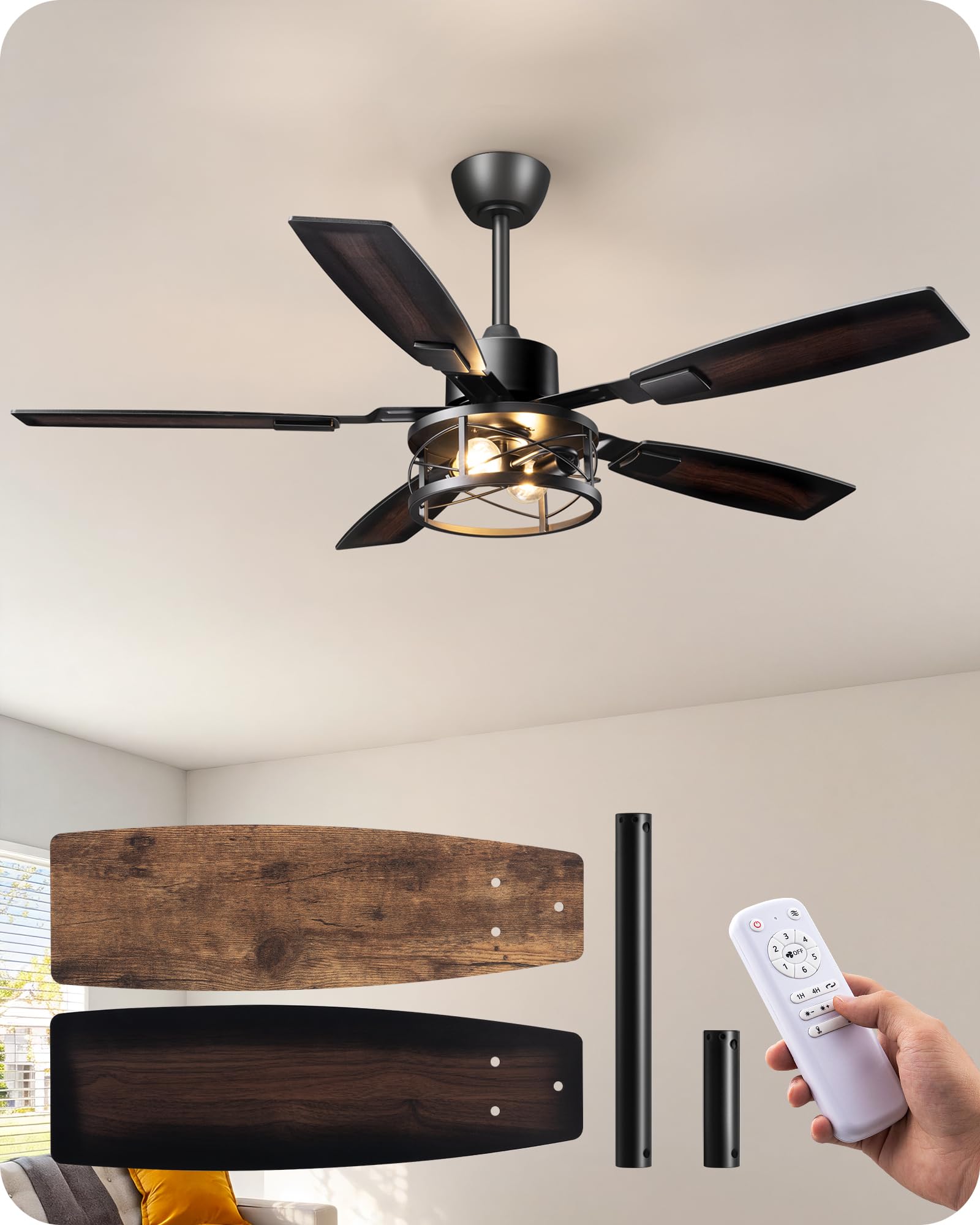 Photo 1 of **MISSING PIECES**EDISHINE 52" Farmhouse Ceiling Fans with Lights and Remote, 10%-100% Dimmable, Reversible DC Motor, 6 Speed, 5 Wooden Blades, Timer, Rustic Caged Fandelier Ceiling Fan for Living Room, Bedroom