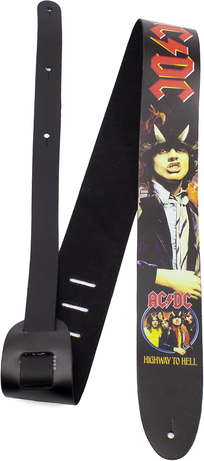Perri's Leathers, Official AC/DC Highway to Hell Licenced Leather Guitar Strap, Direct to Leather Series, Anti-Slip, Adjustable from 42.5" to 56" Inch, Compatible w/All Button Lock Systems