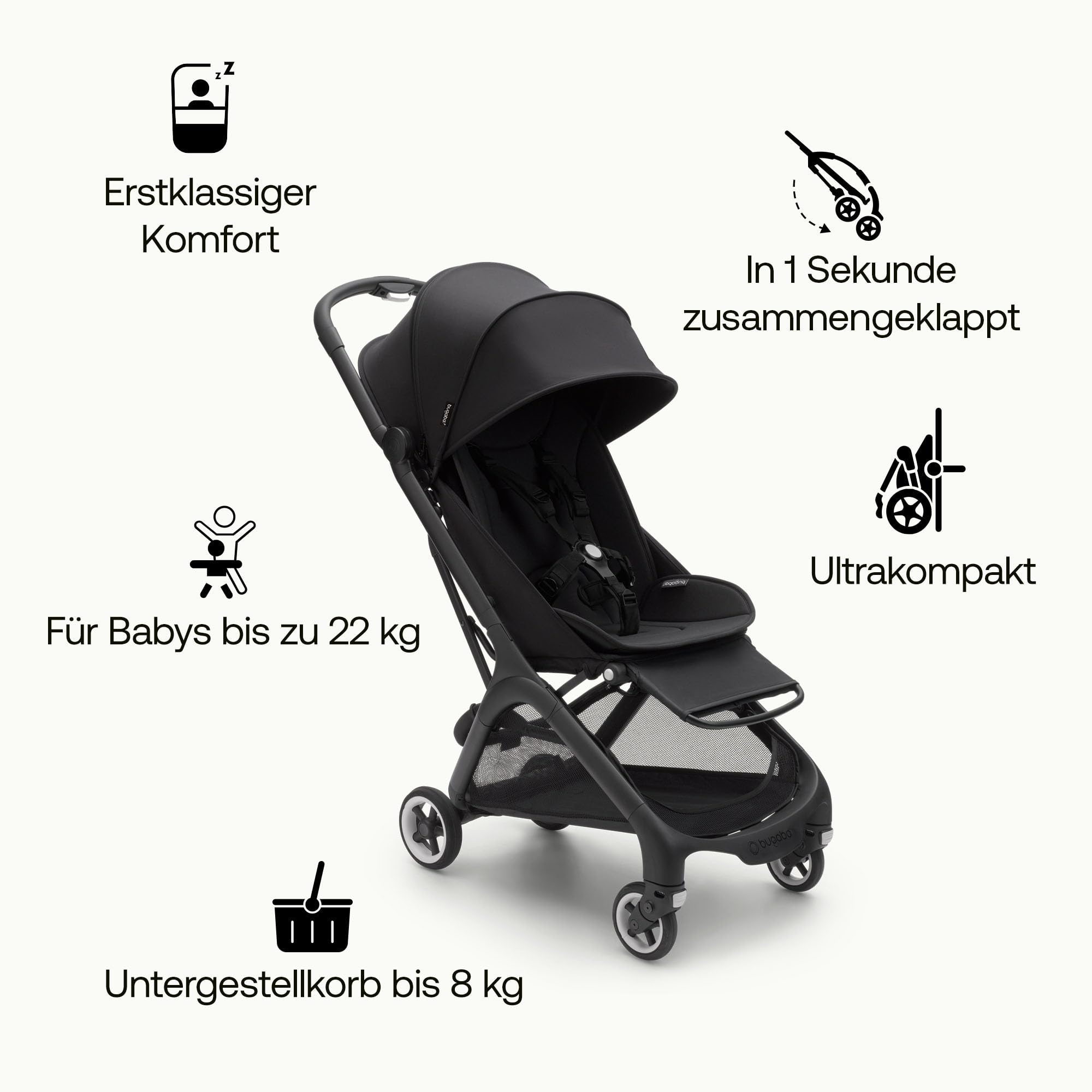 Bugaboo Butterfly Ultra Compact Reisebuggy, leicht, in einer Sekunde zusammenklappbar, sehr geräumiger Stadtbuggy für Babys und Kleinkinder, handlich und bequem, Nacht schwarz