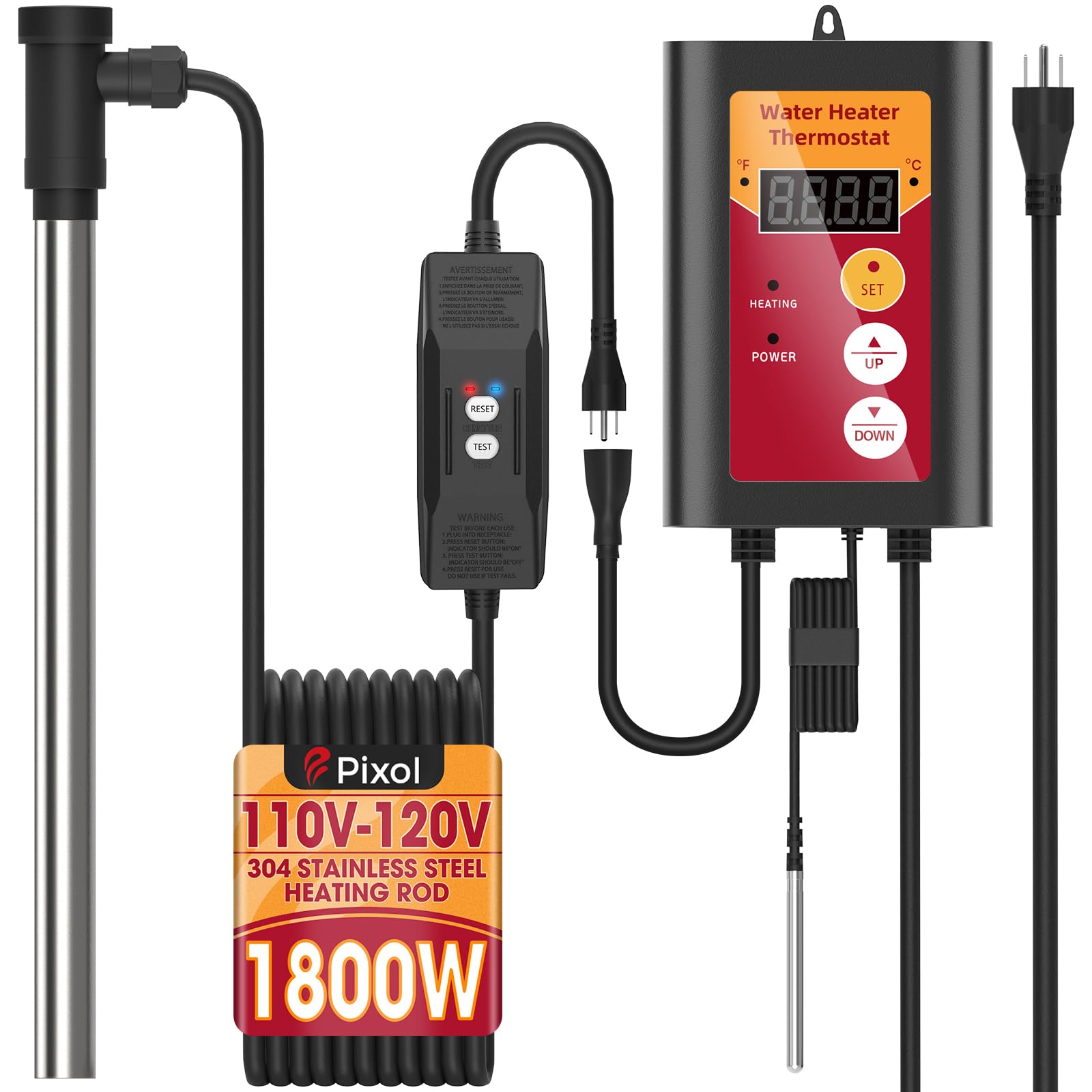 Photo 1 of 1800W Immersion Heater for Hot Tub, Fully Submersible Portable Electric Water Heater with Thermostat & GFCI Protection - Ground Pool, Bathtub, Baptistery, Bucker, Stock Tank, Camping & Outdoor Use