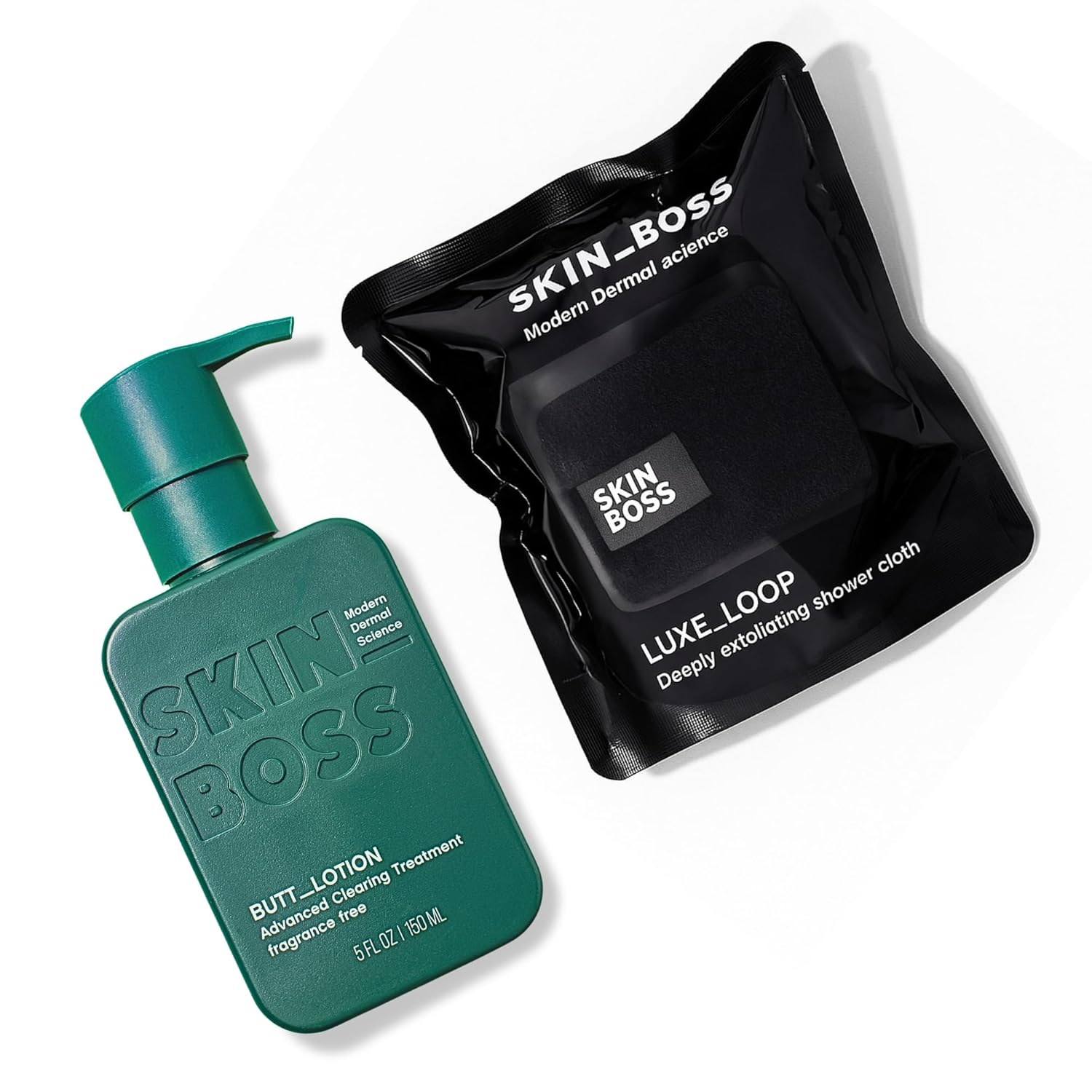 SKINBOSS Butt Acne Clearing Treatment & Luxe Loop Exfoliating Body Scrubber – Targets Pimples, Folliculitis, Scars & Dark Spots – Body Cream & Exfoliating Washcloth – 5 oz Cream & Exfoliator (Black)