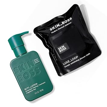 علاج حب الشباب في المؤخرة من SKINBOSS ومقشر الجسم Luxe Loop يستهدف البثور والتهاب بصيلات الشعر والندبات والبقع الداكنة كريم الجسم ومنشفة التقشير 5 أونصة كريم ومقشر أسود