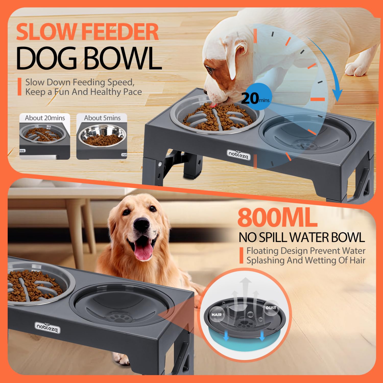 Nobleza Comedero Perro Elevado 5 Alturas Ajustables (7,5-31 cm), Incluye Cuenco Acero Inoxidable 1100ml, Comedero Perro Antivoracidad y Bebedero Antisalpicaduras 800ml, Antideslizante, Gris