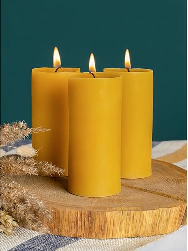 Miniatura 5 de CANDWAX Velas de pilar de cera de abeja pura de 1.8 x 4 pulgadas, juego de 3 a 34.5 horas de combustión, velas amarillas hechas a mano, velas