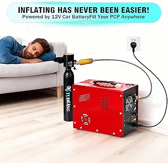 TUXING 4500Psi Pcp Air Compressor,Auto Stop,Built-in Converter/Water-Oil Filter,Unique Vertical+Wire Spool Portable Design,110V AC or 12V Car Battery for Paintball/Scuba Tank