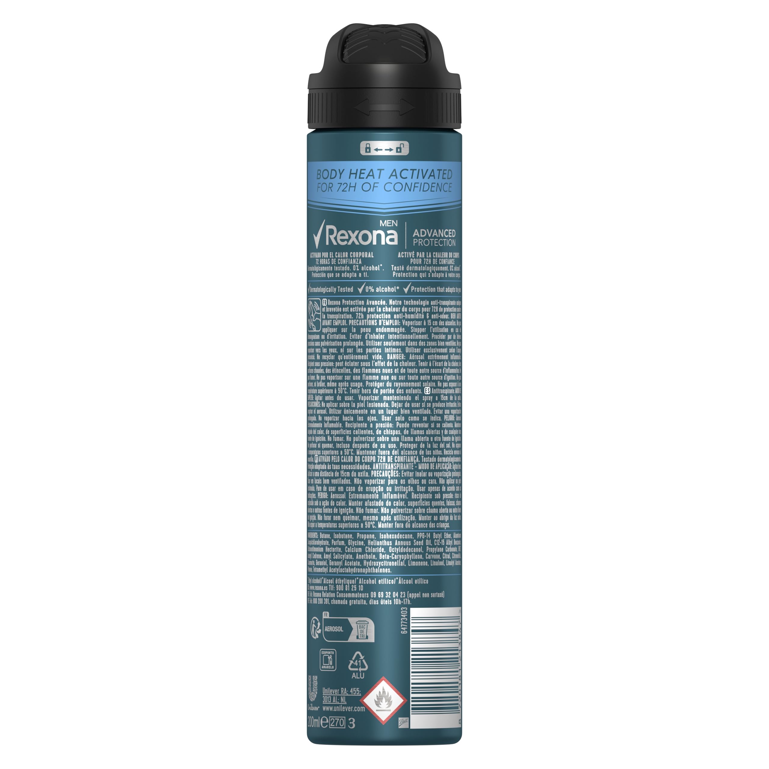 Rexona Men Desodorante Antitranspirante en Aerosol Advanced Protection Cobalt Dry con tecnología Body Heat Activated, 200 ml