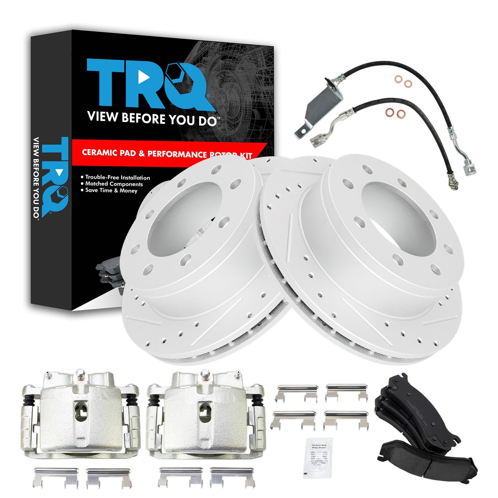TRQ Brake Pad &amp; Rotor Kit Slotted X Drilled Performance Ceramic Compatible with 01-07 Chevrolet GMC