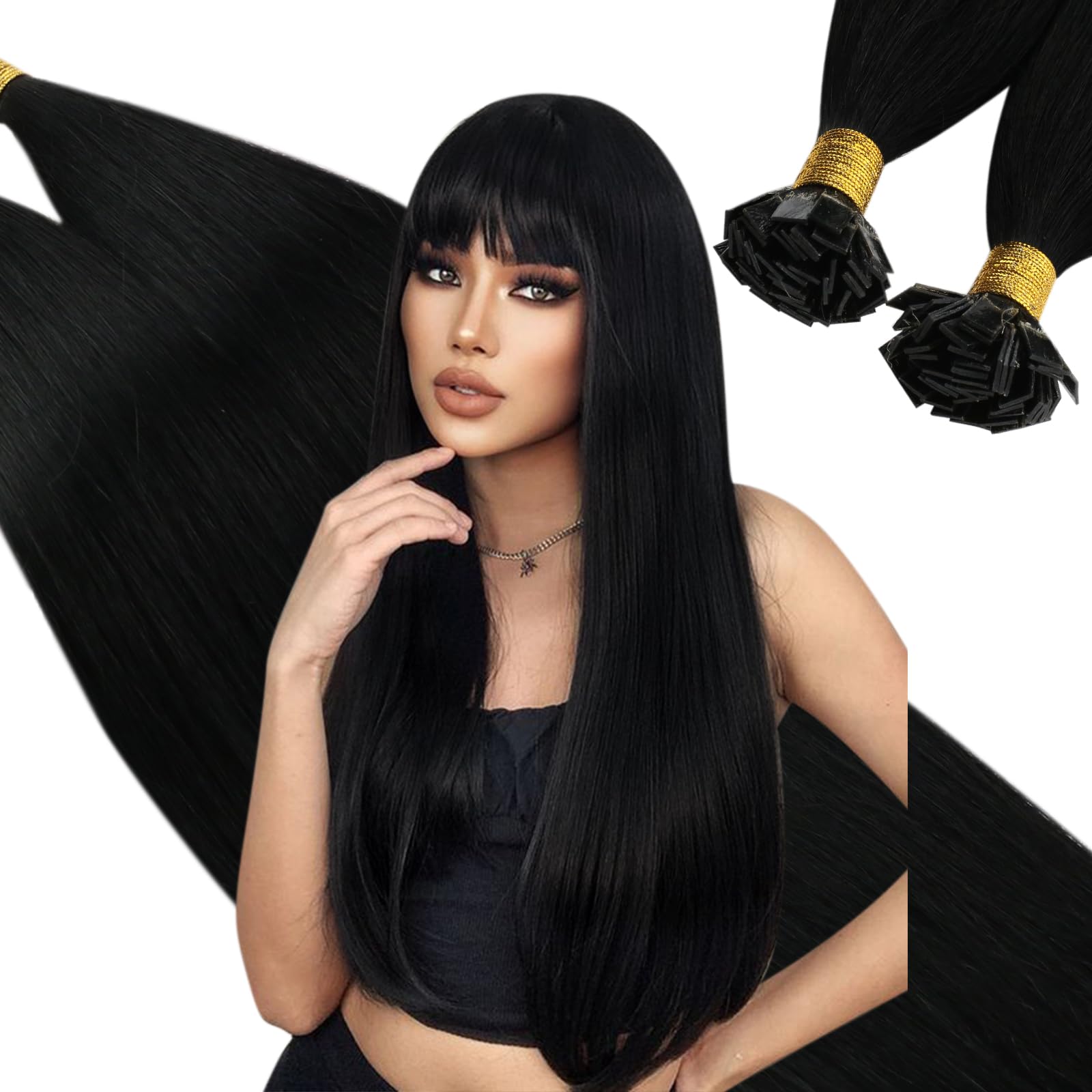Ugeat Black Flat Tip Hair Extensions Real Human Hair Black Keratin Hair Extensions Real Human Hair Add Volume and Length 16 Inch 50G 50S