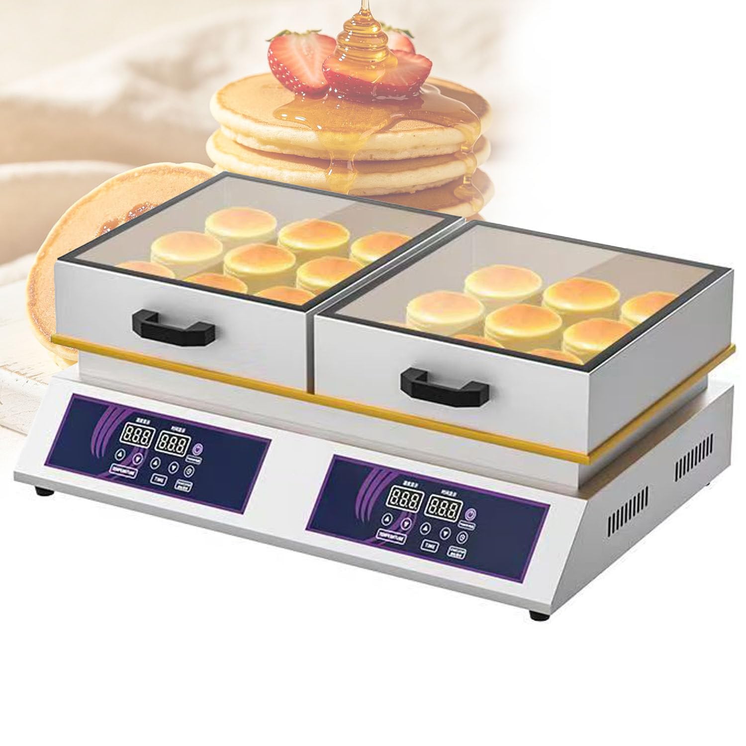 Ymnogjie Stainless Steel Electric Souffle Maker, Non-Stick Commercial Dorayaki & Pancake Griddle with 0-260℃ Adjustable Temp Control, 1300W/2600W Baking Machine for Bakery Double-VisibleLid