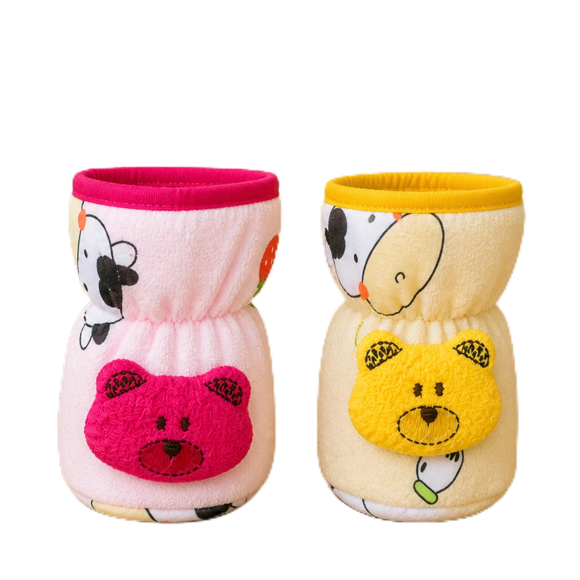 THE LITTLE LOOKERS Soft Plush Stretchable Baby Feeding Bottle Cover with Easy to Hold Strap | Cute Animated Overall Print Pack of 2 (Pink & Yellow, Narrow Neck 60ml/2oz)-image-28