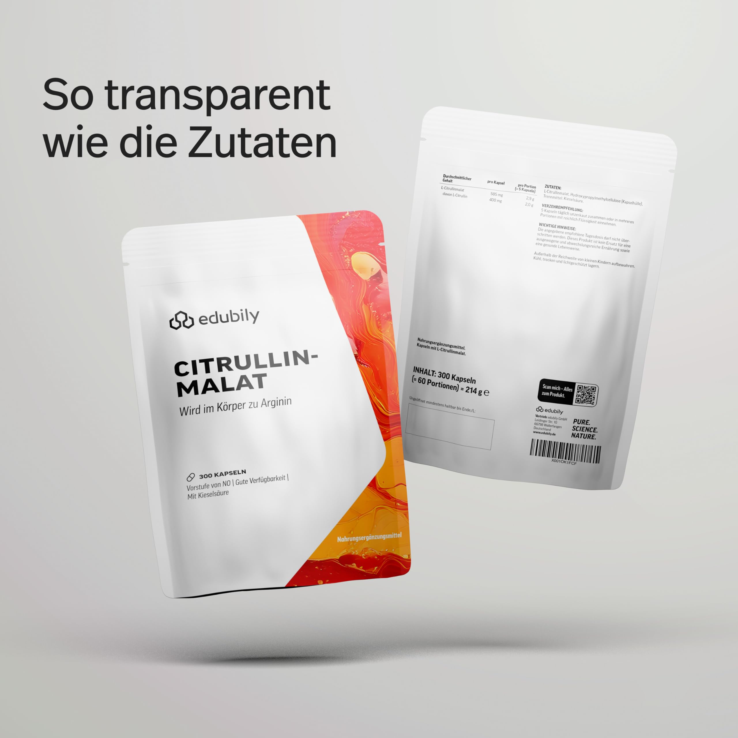 edubily® Citrullin Malat Kapseln - Pre-Workout Supplement - 2,9 g reines L-Citrullinmalat pro Kapsel - ohne Koffein (300 Kapseln)