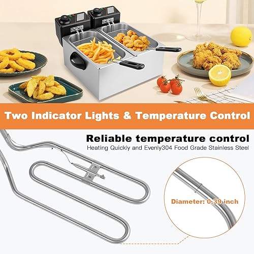Miniatura 4 de Freidora eléctrica de doble tanque, freidora comercial de encimera de 2000 W, 2 tanques de acero inoxidable de 4.23 cuartos con cesta y drenaje,