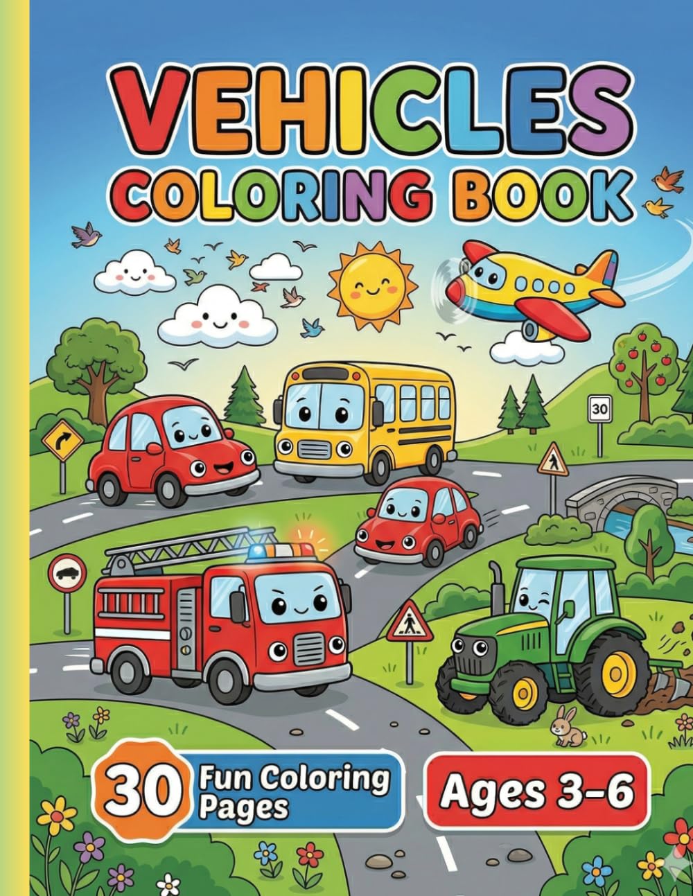 Vehicles Coloring Book for Kids Ages 3–6: 30 Fun and Easy Coloring Pages | Cars, Trucks, Fire Trucks, Airplanes & More | Cute and Simple Designs for Toddlers and Preschoolers