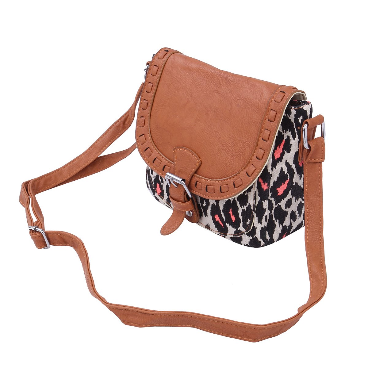 Small Leopard Print Canvas PU Leather Flap Crossbody Saddle Shoulder Bag