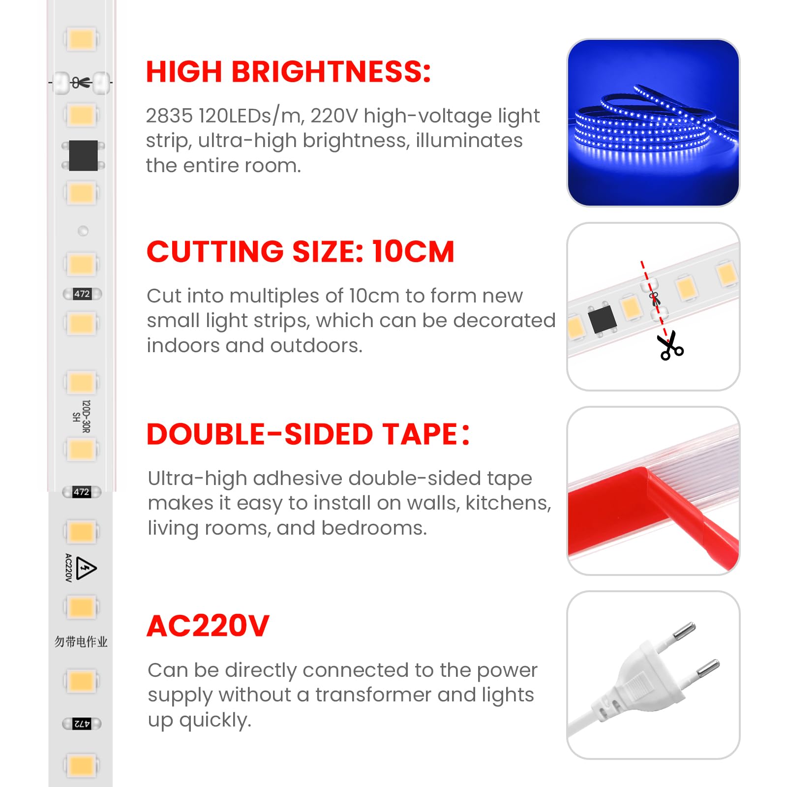 Tira LED 220V [50M, Azul], IP65 Impermeable Flexible, 120 LEDs/m Tira LED Cortable CRI85+, Iluminación Decorativa para Hogar y Tienda