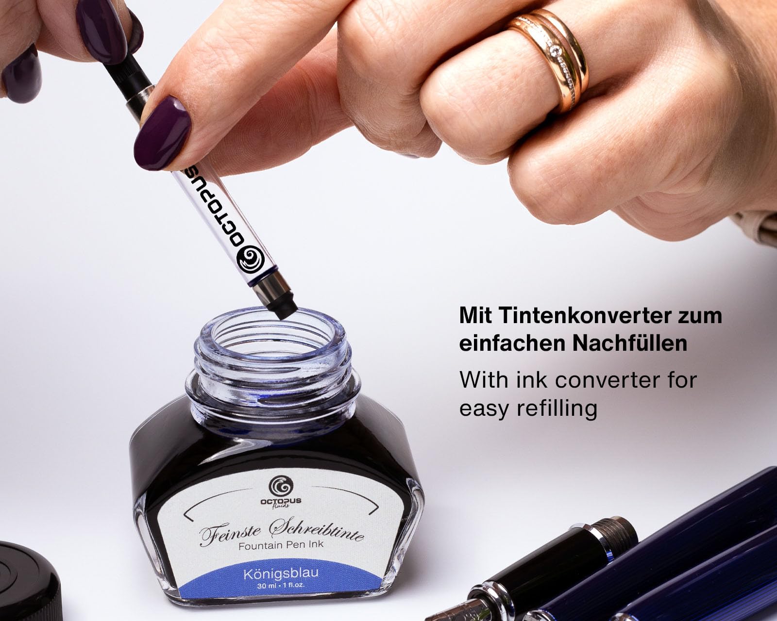 Octopus Schreibtinte Moosgrün, Ultramarinblau, Aubergine, Füllhaltertinte im Tintenglas mit Konverter, Geschenkset Schreibtinte für Füller und Feder, Tinte zum Schreiben und Malen, 3 x 30 ml