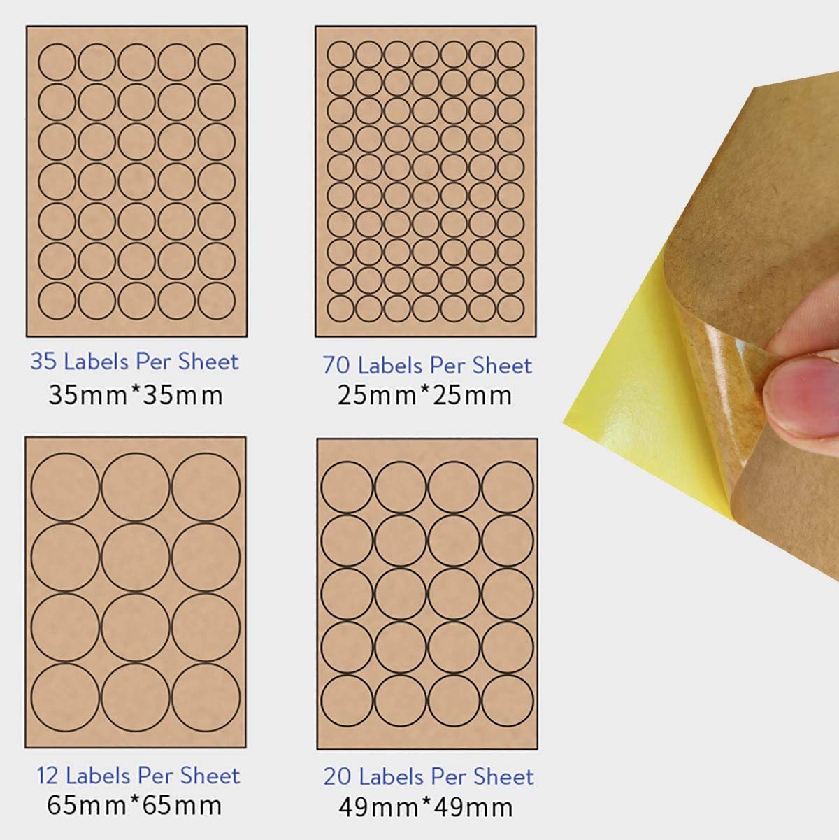 [25mm x 70 Labels,5 Sheets] Kraft Paper A4 Labels - Circular - Brown Inkjet Laser Stickers Printing Round