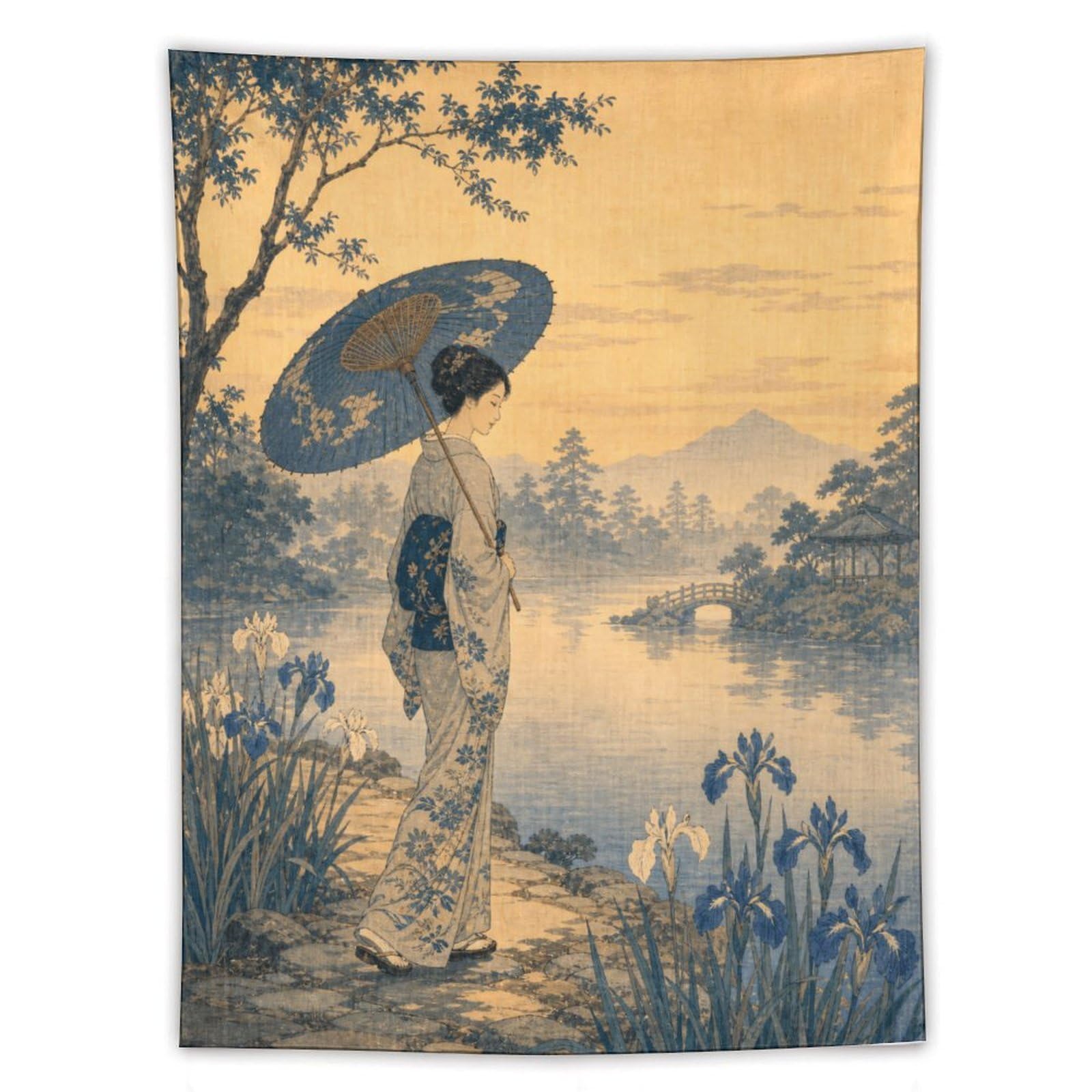H3B8U2Y5 Woman with Parasol by Lake Wall Tapestry, Ukiyo-e Style, Bedroom